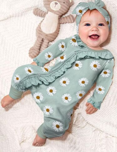 Von kilizo Baby Girl Clothes Infant Newborn Onesie Clothes for Baby Girls Long Sleeve Zip Closure Outfit with Headband in Saudi Arabia