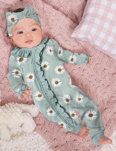 Von kilizo Baby Girl Clothes Infant Newborn Onesie Clothes for Baby Girls Long Sleeve Zip Closure Outfit with Headband in Saudi Arabia