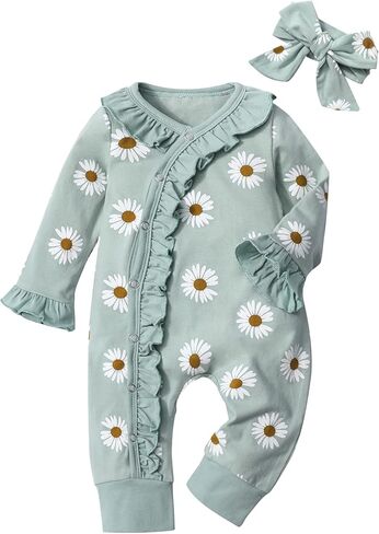 Von kilizo Baby Girl Clothes Infant Newborn Onesie Clothes for Baby Girls Long Sleeve Zip Closure Outfit with Headband in Saudi Arabia