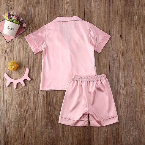 Kids Toddler Baby Girl Boy Satin Pajamas Set Short Sleeve Button Down Pajama Shirt Top+Shorts Bottoms Sleepwear Outfits in Saudi Arabia