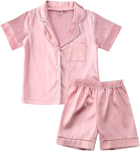 Kids Toddler Baby Girl Boy Satin Pajamas Set Short Sleeve Button Down Pajama Shirt Top+Shorts Bottoms Sleepwear Outfits in Saudi Arabia