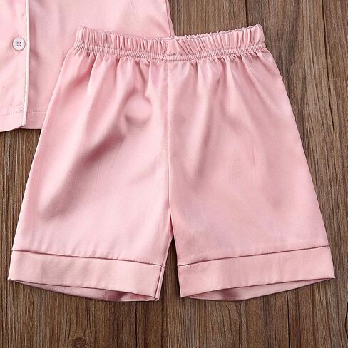 Kids Toddler Baby Girl Boy Satin Pajamas Set Short Sleeve Button Down Pajama Shirt Top+Shorts Bottoms Sleepwear Outfits in Saudi Arabia