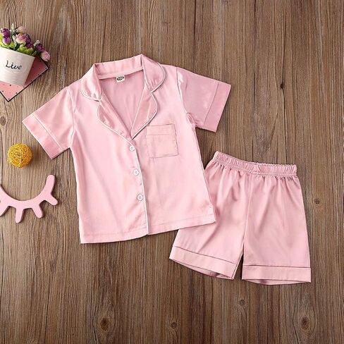 Kids Toddler Baby Girl Boy Satin Pajamas Set Short Sleeve Button Down Pajama Shirt Top+Shorts Bottoms Sleepwear Outfits in Saudi Arabia