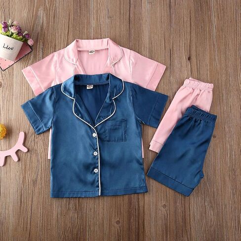 Kids Toddler Baby Girl Boy Satin Pajamas Set Short Sleeve Button Down Pajama Shirt Top+Shorts Bottoms Sleepwear Outfits in Saudi Arabia
