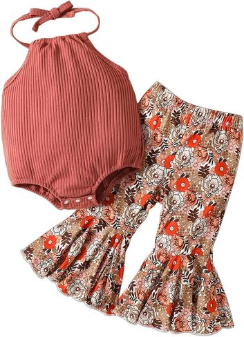 Kaipiclos Toddler Baby Girl Sleeveless Halter Ribbed Solid Romper Sunflower Floral Print Flare Bell Bottoms Pants Outfit in Kuwait