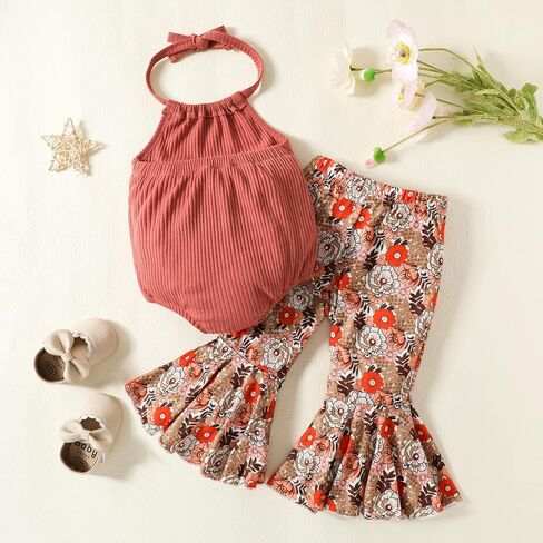 Kaipiclos Toddler Baby Girl Sleeveless Halter Ribbed Solid Romper Sunflower Floral Print Flare Bell Bottoms Pants Outfit in Kuwait