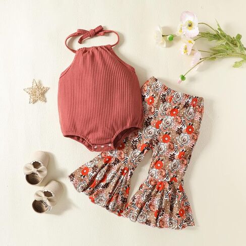 Kaipiclos Toddler Baby Girl Sleeveless Halter Ribbed Solid Romper Sunflower Floral Print Flare Bell Bottoms Pants Outfit in Kuwait