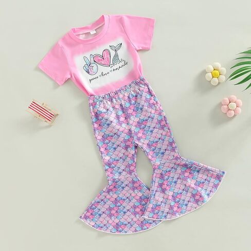 Toddler Kid Baby Girls Outfits Fly Sleeve Shell Crop Tops T-Shirt Mermaid Flared Pants Summer Birthday Clothes 1-6T in Saudi Arabia