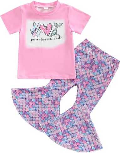 Toddler Kid Baby Girls Outfits Fly Sleeve Shell Crop Tops T-Shirt Mermaid Flared Pants Summer Birthday Clothes 1-6T in Saudi Arabia