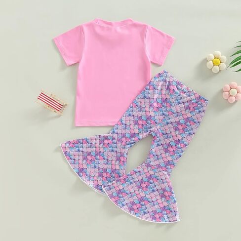 Toddler Kid Baby Girls Outfits Fly Sleeve Shell Crop Tops T-Shirt Mermaid Flared Pants Summer Birthday Clothes 1-6T in Saudi Arabia