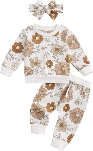 3Pcs Baby Girl Outfits Daisy Sweatshirt + Pants + Headband Infant Fall Winter Clothes in Kuwait
