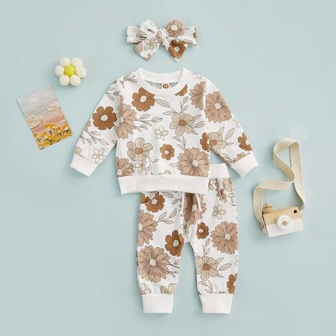 3Pcs Baby Girl Outfits Daisy Sweatshirt + Pants + Headband Infant Fall Winter Clothes in Kuwait