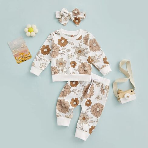 3Pcs Baby Girl Outfits Daisy Sweatshirt + Pants + Headband Infant Fall Winter Clothes in Kuwait