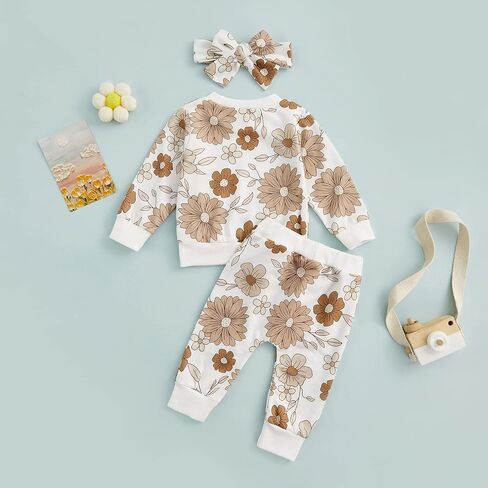 3Pcs Baby Girl Outfits Daisy Sweatshirt + Pants + Headband Infant Fall Winter Clothes in Kuwait