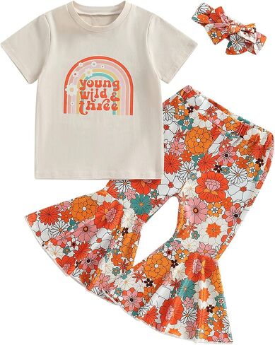 Toddler Baby Girl Birthday Outfit Groovy One/Two Groovy Romper Shirts Flower Bell Bottoms Headband Boho Clothes in Saudi Arabia