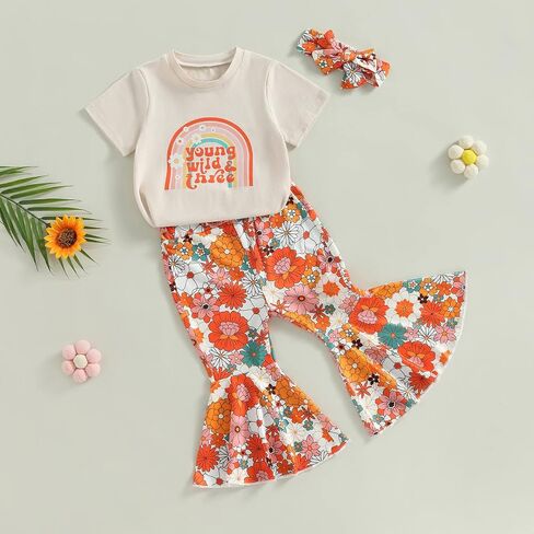 Toddler Baby Girl Birthday Outfit Groovy One/Two Groovy Romper Shirts Flower Bell Bottoms Headband Boho Clothes in Saudi Arabia
