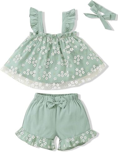 Toddler Girl Clothes Baby Girl Outfits Summer Sleeveless Tops Shorts Set 3PCS Girl Clothes 12 Months-4T in Saudi Arabia