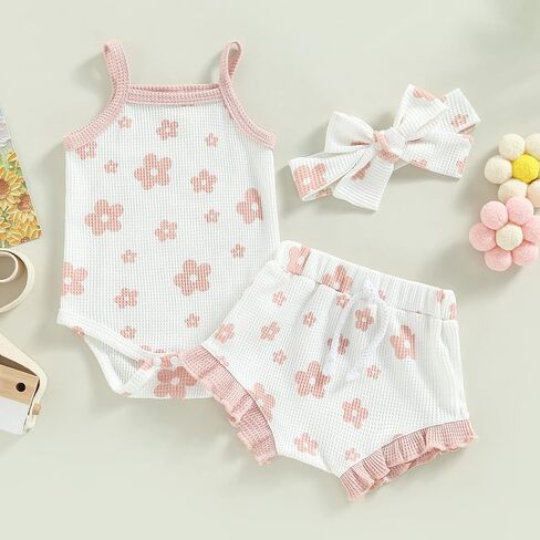 fhutpw Baby Girl Clothes Summer Spaghetti Strap Romper Floral Shorts Sets | 3Pcs Infant Clothing, Ribbed Knit Bodysuit, Sleeveless Camisole, Ruffle Shorts, Photography Outfits, 3-6 12-18 Months in Saudi Arabia