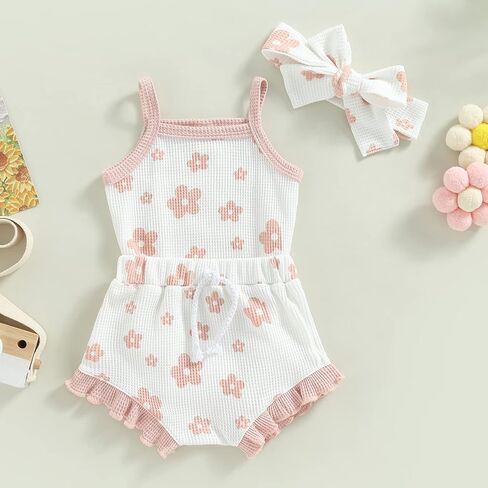 fhutpw Baby Girl Clothes Summer Spaghetti Strap Romper Floral Shorts Sets | 3Pcs Infant Clothing, Ribbed Knit Bodysuit, Sleeveless Camisole, Ruffle Shorts, Photography Outfits, 3-6 12-18 Months in Saudi Arabia