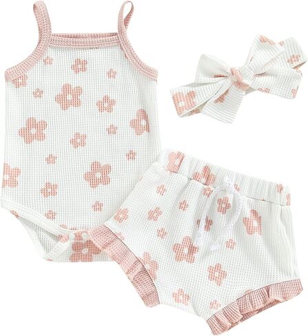 fhutpw Baby Girl Clothes Summer Spaghetti Strap Romper Floral Shorts Sets | 3Pcs Infant Clothing, Ribbed Knit Bodysuit, Sleeveless Camisole, Ruffle Shorts, Photography Outfits, 3-6 12-18 Months in Saudi Arabia