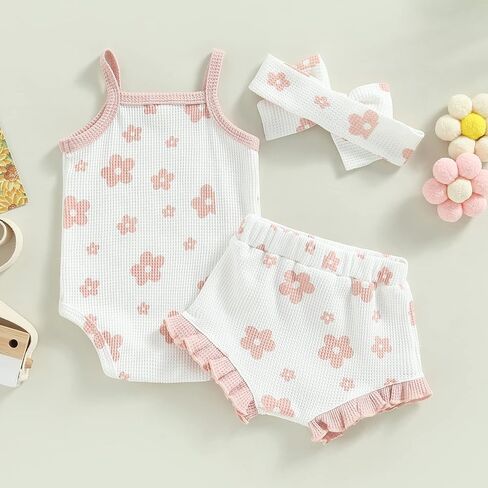 fhutpw Baby Girl Clothes Summer Spaghetti Strap Romper Floral Shorts Sets | 3Pcs Infant Clothing, Ribbed Knit Bodysuit, Sleeveless Camisole, Ruffle Shorts, Photography Outfits, 3-6 12-18 Months in Saudi Arabia