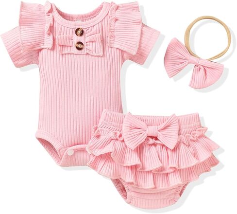 Aalizzwell Baby Girls Short Sleeve Bodysuit Bloomer Shorts Ribbed Outfits in Saudi Arabia