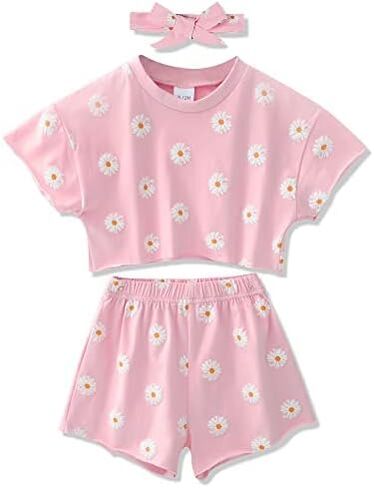 WESIDOM Toddler Girl Clothes Summer Outfit 3Pcs Short Set Headband 6M-6Y | Toddler Girl Clothes 12 Month Girl Clothes Toddler Girls Summer Outfit Set Daily Playwear 3 Pcs Baby Clothing in Saudi Arabia