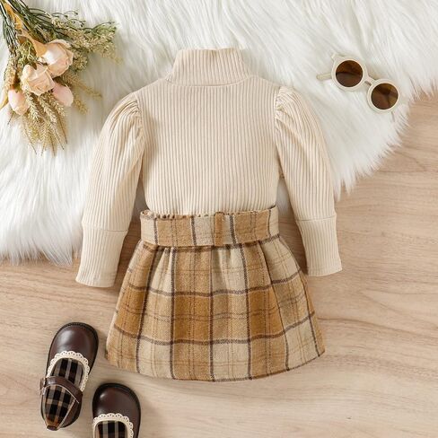 Fernvia Toddler Baby Girl Fall Winter Skirt Set Turtleneck Ribbed Long Sleeve T-Shirt Top & Plaid Skirts Dress 2Pcs Outfits in Saudi Arabia