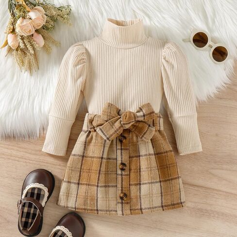 Fernvia Toddler Baby Girl Fall Winter Skirt Set Turtleneck Ribbed Long Sleeve T-Shirt Top & Plaid Skirts Dress 2Pcs Outfits in Saudi Arabia