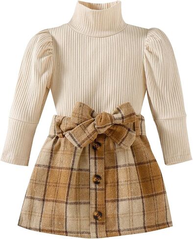 Fernvia Toddler Baby Girl Fall Winter Skirt Set Turtleneck Ribbed Long Sleeve T-Shirt Top & Plaid Skirts Dress 2Pcs Outfits in Saudi Arabia