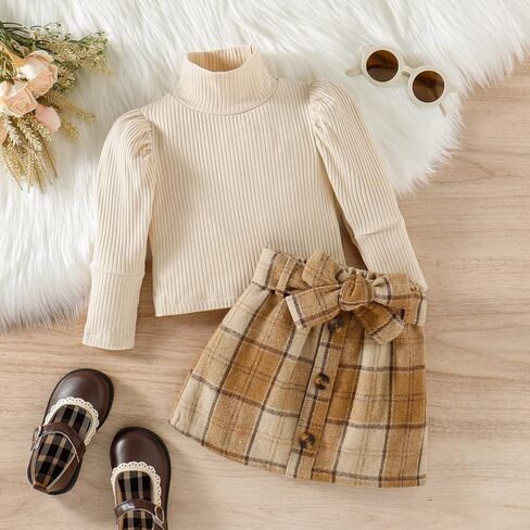 Fernvia Toddler Baby Girl Fall Winter Skirt Set Turtleneck Ribbed Long Sleeve T-Shirt Top & Plaid Skirts Dress 2Pcs Outfits in Saudi Arabia