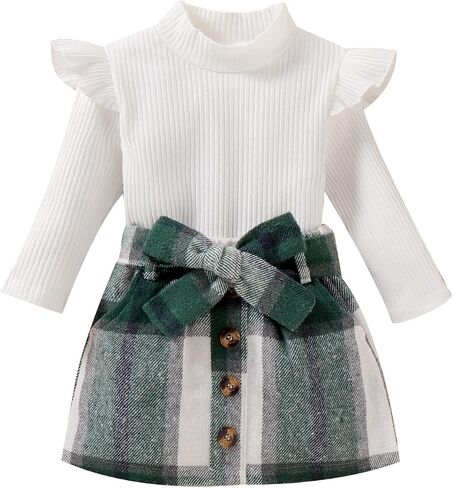 Fernvia Toddler Baby Girl Fall Winter Skirt Set Turtleneck Ribbed Long Sleeve T-Shirt Top & Plaid Skirts Dress 2Pcs Outfits in Saudi Arabia