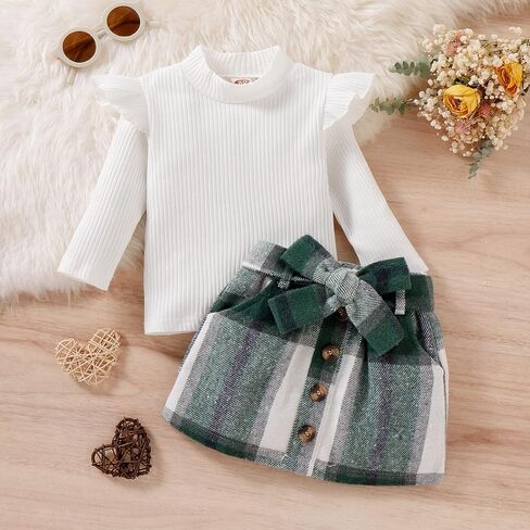 Fernvia Toddler Baby Girl Fall Winter Skirt Set Turtleneck Ribbed Long Sleeve T-Shirt Top & Plaid Skirts Dress 2Pcs Outfits in Saudi Arabia