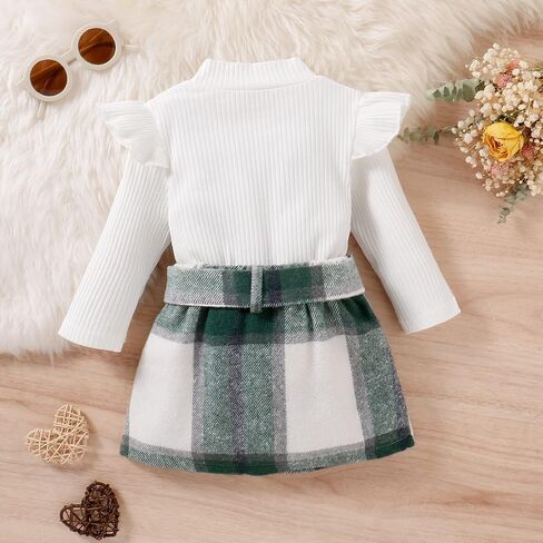 Fernvia Toddler Baby Girl Fall Winter Skirt Set Turtleneck Ribbed Long Sleeve T-Shirt Top & Plaid Skirts Dress 2Pcs Outfits in Saudi Arabia