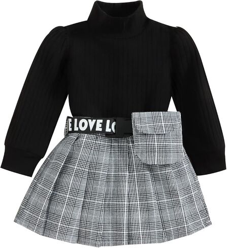Fernvia Toddler Baby Girl Fall Winter Skirt Set Turtleneck Ribbed Long Sleeve T-Shirt Top & Plaid Skirts Dress 2Pcs Outfits in Saudi Arabia