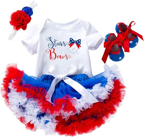 4th of July Baby Girl Birthday Outfit American Flag Romper+Ruffle Tulle Skirt+Headband+Shoes Independence Day 4pcs Set in Saudi Arabia