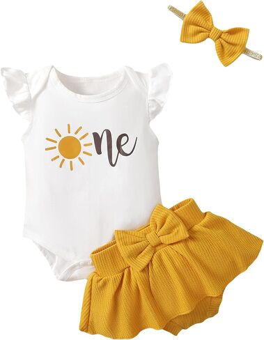 Baby Girl 1st Birthday Outfit - One Year Old Sunflower Skirt Set in Saudi Arabia