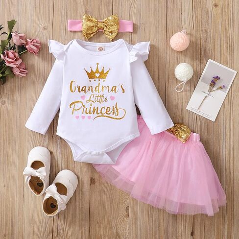 Newborn Baby Girl Outfits Infant Letter Print Romper+Tutu Skirt+Headband+Legging Warmer Coming Home Clothes Set in Saudi Arabia