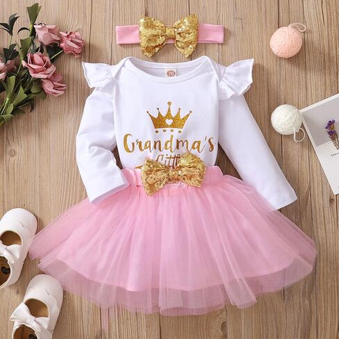 Newborn Baby Girl Outfits Infant Letter Print Romper+Tutu Skirt+Headband+Legging Warmer Coming Home Clothes Set in Saudi Arabia