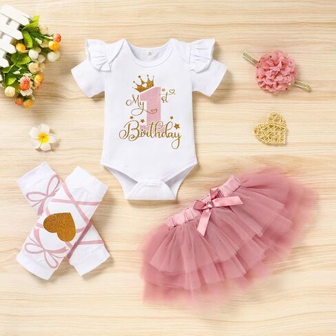 GRNSHTS Baby Girl Birthday Cake Smash Outfit Toddler Girl My 1st Birthday Romper Tutu Skirt with Headband Clothes Set in Saudi Arabia
