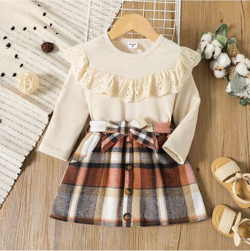 PATPAT 2pcs Toddler Girl Trendy Ruffled Ribbed Long-sleeve Tee and Plaid Button Design Skirt Set in Saudi Arabia