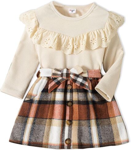 PATPAT 2pcs Toddler Girl Trendy Ruffled Ribbed Long-sleeve Tee and Plaid Button Design Skirt Set in Saudi Arabia