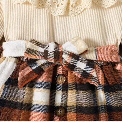 PATPAT 2pcs Toddler Girl Trendy Ruffled Ribbed Long-sleeve Tee and Plaid Button Design Skirt Set in Saudi Arabia