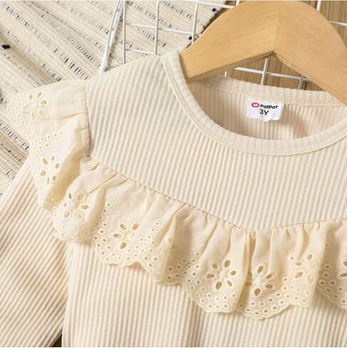 PATPAT 2pcs Toddler Girl Trendy Ruffled Ribbed Long-sleeve Tee and Plaid Button Design Skirt Set in Saudi Arabia