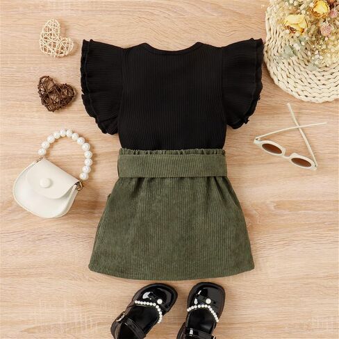 PATPAT 2pcs Toddler Girl Trendy Ruffled Ribbed Long-sleeve Tee and Plaid Button Design Skirt Set in Saudi Arabia