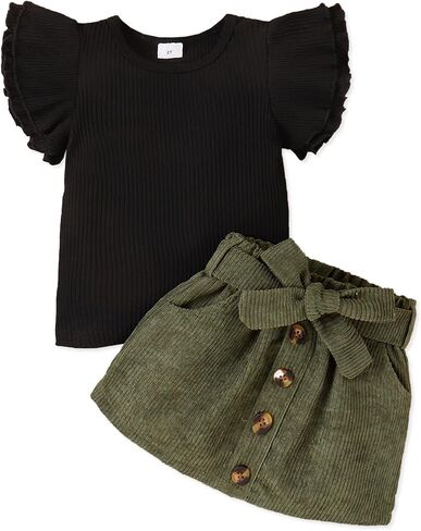 PATPAT 2pcs Toddler Girl Trendy Ruffled Ribbed Long-sleeve Tee and Plaid Button Design Skirt Set in Saudi Arabia