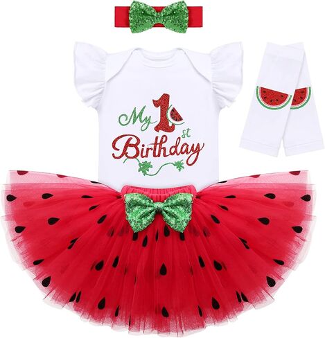 IBTOM CASTLE Baby Girls Watermelon Birthday Half 1st/2nd Party Outfit Romper Tutu Skirt Leggings Headband 4pcs Clothes Set in Kuwait
