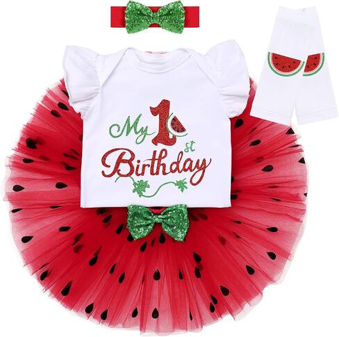 IBTOM CASTLE Baby Girls Watermelon Birthday Half 1st/2nd Party Outfit Romper Tutu Skirt Leggings Headband 4pcs Clothes Set in Kuwait
