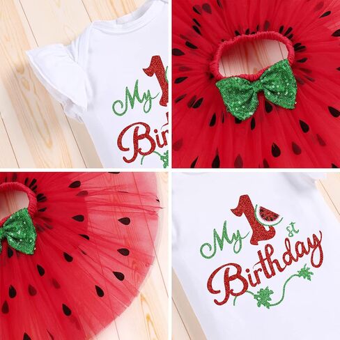 IBTOM CASTLE Baby Girls Watermelon Birthday Half 1st/2nd Party Outfit Romper Tutu Skirt Leggings Headband 4pcs Clothes Set in Kuwait