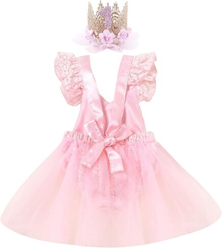 FYMNSI Toddler Baby Girls 1st Birthday Outfit Lace Tulle Romper Tutu Dress Crown Cake Smash Princess Boho Clothes Photo Shoot in Saudi Arabia